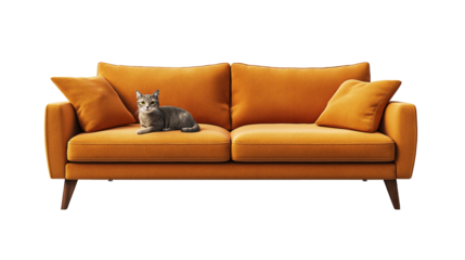 北欧風ソファに座るかわいい猫の癒しインテリア写真 リビングルームの家具とペットの調和した空間 家具カタログや広告用素材に最適な高品質画像