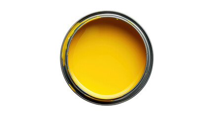 Open can of vibrant yellow paint on transparent background