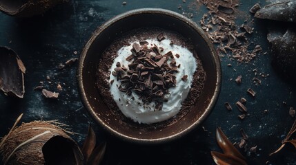 lifestyle flatlays Plant-Based Diet and Alternative Proteins clean. Dark Chocolate Dessert with Whipped Cream and Shavings