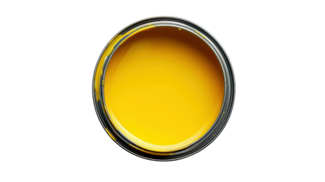 Open can of vibrant yellow paint on transparent background