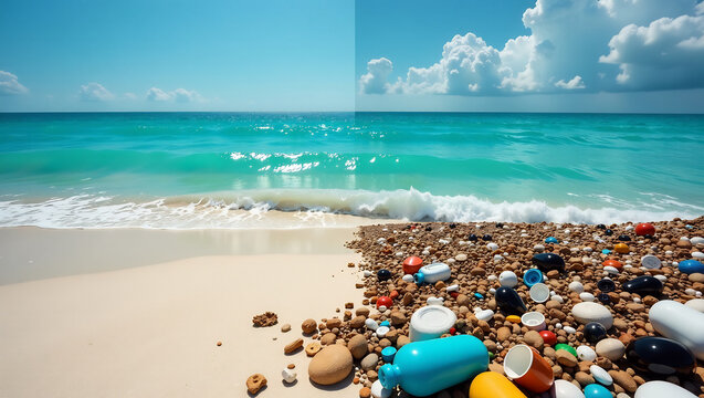 An image of a clean, pristine beach with clear blue water, contrasting with a polluted beach filled with plastic waste, raising awareness.