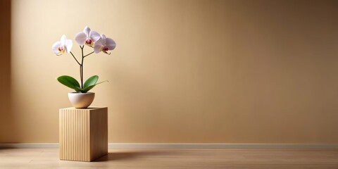 Serene Orchid in Minimalist Setting on Wooden Pedestal Against a Neutral Wall