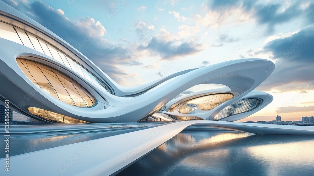Poster amazing modern futuristic architecture design with unique curves
