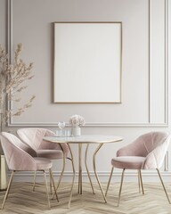 Elegant dining room with pink chairs, round table, and gold frame mockup.