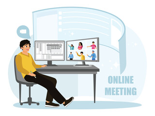 Manager conducts online work meeting with colleagues.