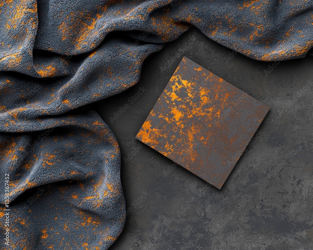 Poster a textured card with metallic ink resting on a soft velvet surface