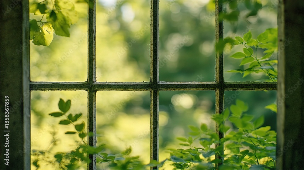 Poster blurred view through square window frames with lush greenery