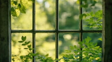 Blurred View Through Square Window Frames with Lush Greenery