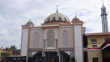 The mosque dome of the Islamic place of worship stands out against the clear sky, the mosque is a...