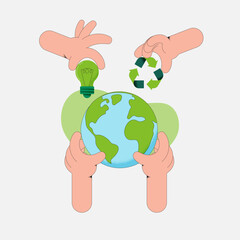 Human hand holding Earth Globe, recycling symbol and Light Bulb. The concept of sustainable development for business, ecology and environment protection. Flat vector illustration.