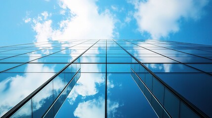 Obraz premium Modern Glass Building Reflecting Sky and Clouds in Urban Scene