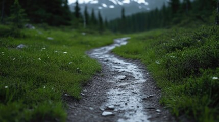 Mountain Trail Through Lush Meadow.  A narrow path winds through a vibrant green meadow, bordered by towering evergreens and hinting at a distant mountain range.