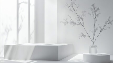 White Minimalist Product Display Platform with Flowers