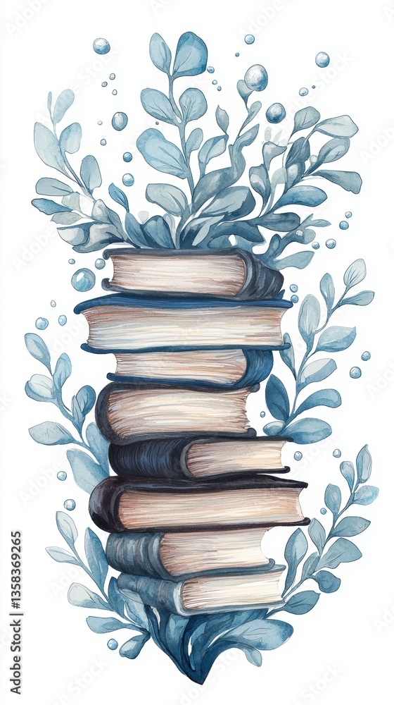 Poster a stack of books surrounded by delicate blue leaves, creating a serene and artistic representation o