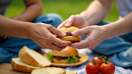 A close-up of hands sharing food at a picnic, symbolizing connection and the communal aspect of the activity.