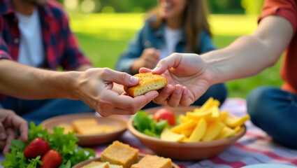 A close-up of hands sharing food at a picnic, symbolizing connection and the communal aspect of the activity.
