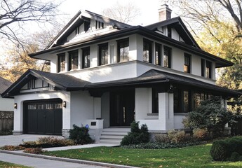 A white and gray craftsman-style house with black accents, a large front door, and a garage