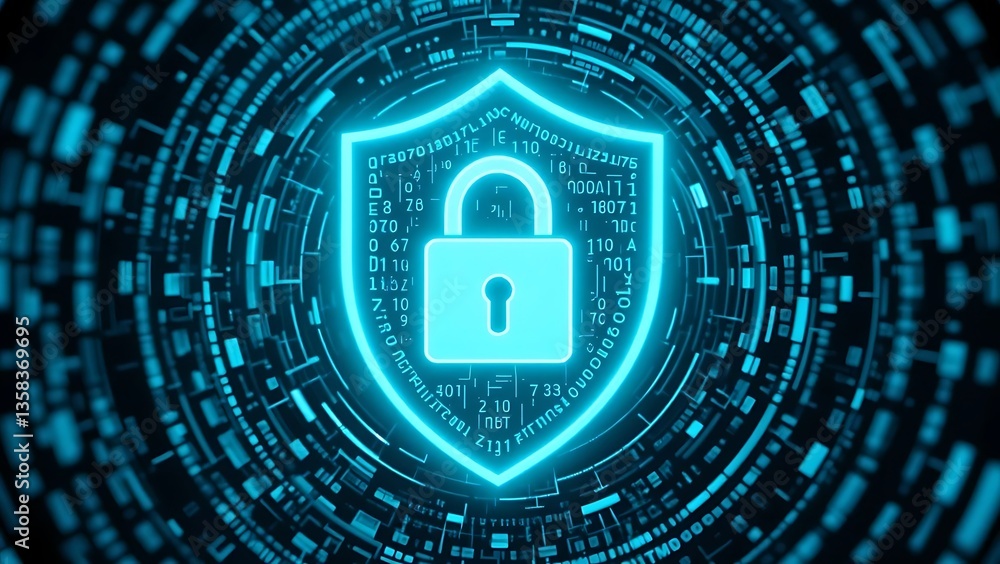 Poster glowing blue shield with padlock and digital code representing cyber security concept design