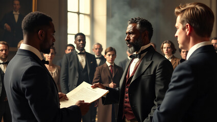 A historical reenactment of the reading of the Emancipation Proclamation, representing the moment of liberation for enslaved people.