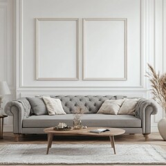 Elegant gray sofa in a classic living room with neutral decor.