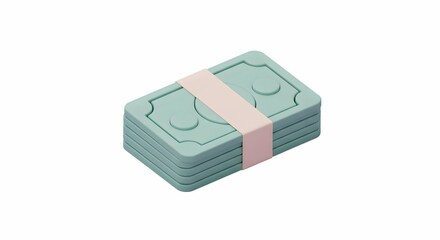 Stack of Cartoon Money Tied with Band on White Background