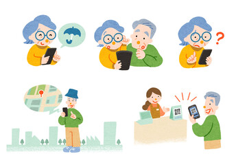 スマホを使うシニア夫婦イラスト