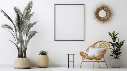 Minimalist concept featuring a blank poster frame hanging on a white wall perfect for modern office design