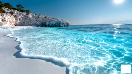 A serene beach scene with crystal clear water and white sand. Perfect for travel blogs or calming background imagery. Evokes a sense of peace and relaxation.