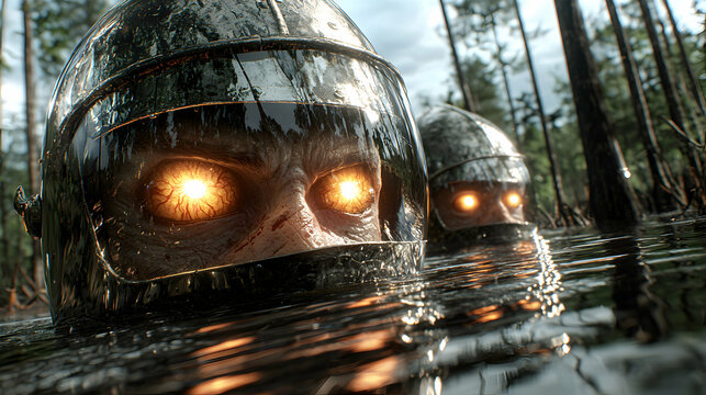 Two figures wearing helmets with glowing eyes emerge from dark water. This image creates a creepy otherworldly vibe. Apply it as a horror or sci-fi movie poster.