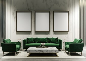 Elegant green velvet sofa and armchairs in a modern living room with marble wall and three blank frames.
