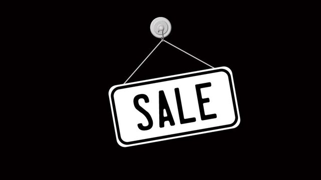 The sign with an inscription swings on a black background.
A vibrant white sale sign is prominently displayed. Its clear message invites customers to explore discounts and special offers.