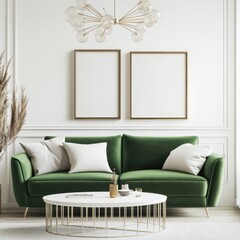 Elegant green velvet sofa in a modern living room with white walls, gold frames, and a unique coffee table.