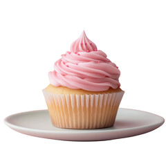 A pink frosted cupcake with a pink swirl on top