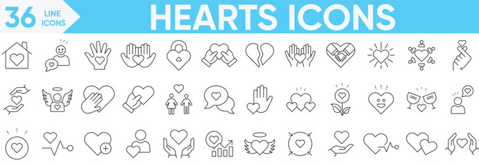 Hearts icon set.heartbeat, caring, passion, hands, donations, hearts, unity, Love icon, Interaction, healthcare, emotional, like, charity and more.Vector and illustrator set.