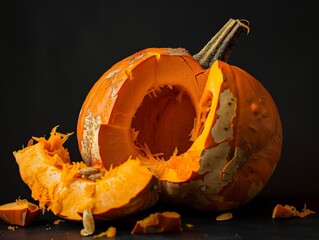 A broken pumpkin with scattered seeds on a dark background. The exposed, moist interior contrasts with the rough, cracked outer skin, creating a dramatic and vibrant composition.