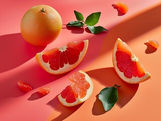 Fresh grapefruit slices and segments are arranged on a colorful background with soft shadows. The juicy texture and vibrant colors create a refreshing, modern composition.