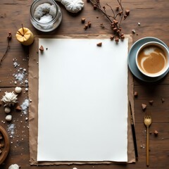 A cozy workspace featuring blank paper, a cup of coffee, and decorative items.
