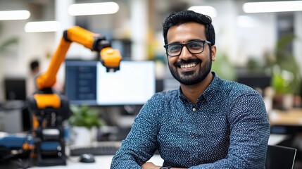 Smiling Indian Man in Office with Robotic Arm in Modern Workspace