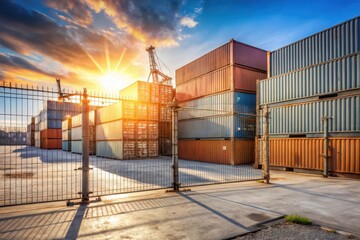 Golden Hour at the Shipping Yard Secure Container Depot at Sunset with Industrial Crane