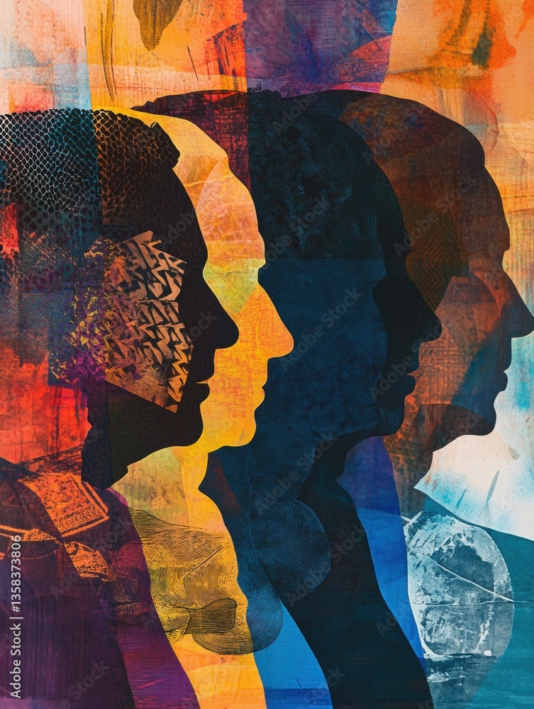 Poster modern collage showcases silhouettes of world leaders blended with abstract patterns, reflecting pol
