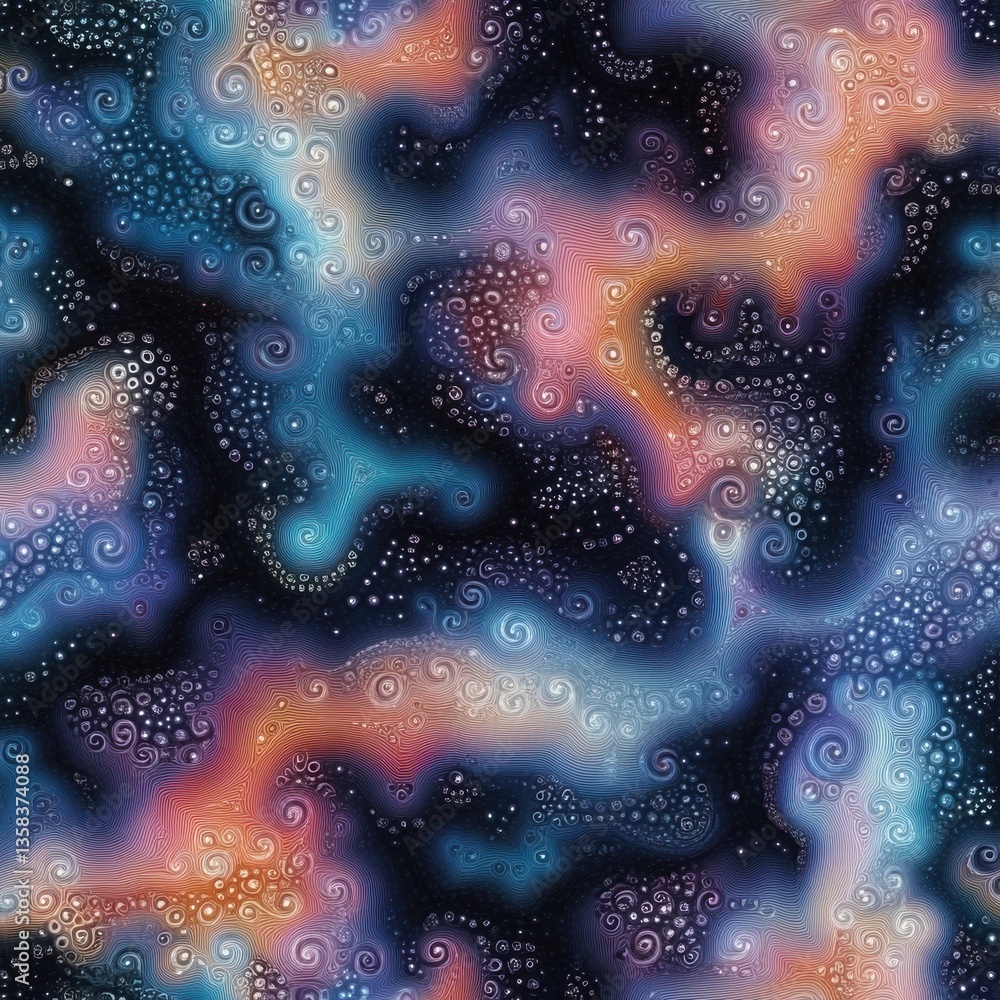 Poster mesmerizing fractal pattern with swirling cosmic shapes and vibrant color gradients creates an entra