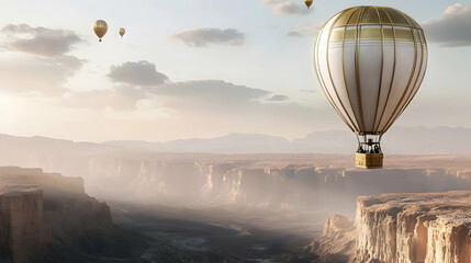Hot air balloons soar over a canyon. This image could inspire a fantasy novel cover or a travel advertisement for a unique adventure. 