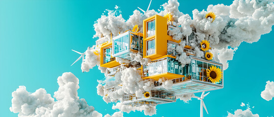 Floating yellow structures in the sky surrounded by clouds windmills and sunflowers. Ideal for illustrating sustainable living ideas and environmental concepts.