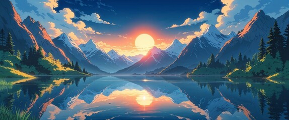 cartoon Tranquil mountain lake with mirror like reflection of rising sun anime illustration art design