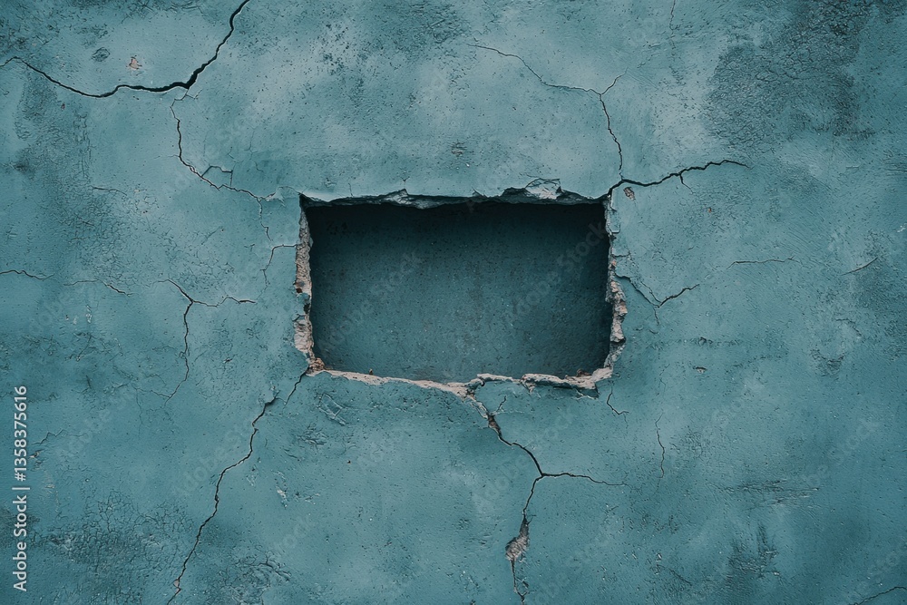Poster a weathered wall with cracks and a rectangular void, showcasing a textured, aged surface in muted te