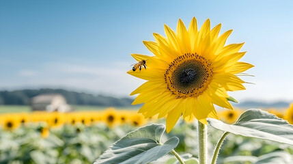 Fototapeta premium A vibrant sunflower with a bee in a field under a blue sky. Perfect for nature related wall art or a website background image.
