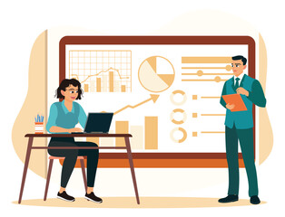 A manager and employee discuss business plans and analyze marketing data.