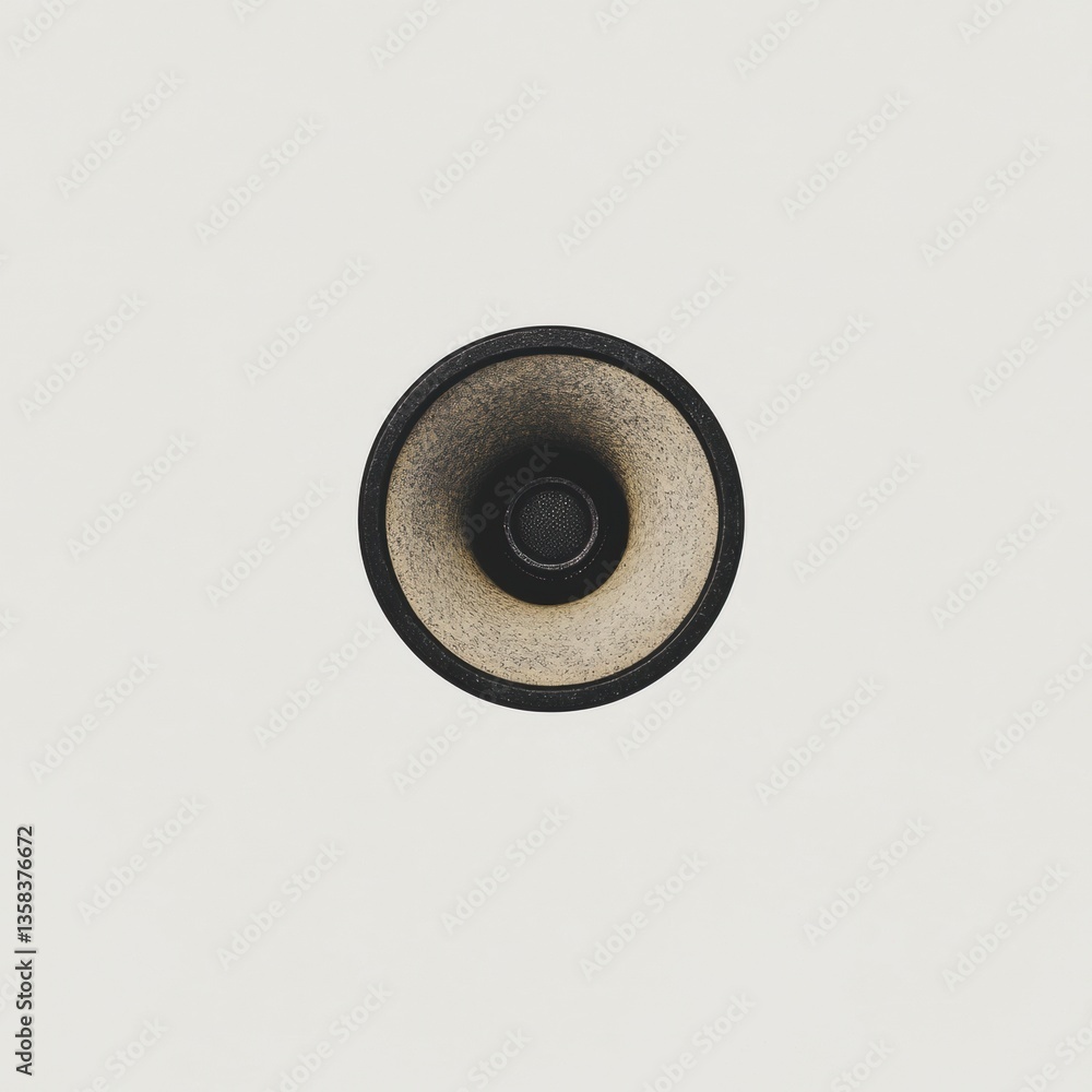 Poster a close-up view of a circular speaker with a textured cone, set against a light background, emphasiz