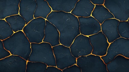 A textured surface featuring dark cracks illuminated by golden highlights, resembling molten rock or a volcanic landscape.