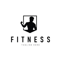 gym fitness sports logo design with minimalist black silhouette concept gym muscle symbol illustration template